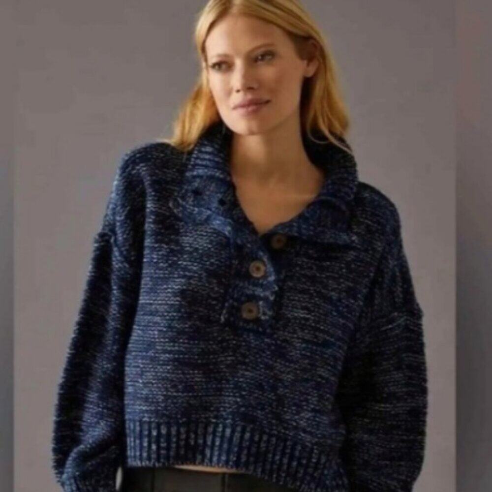 Pilcro Mega Henley Sweater Anthropologie Womens 1X Blue Marl Knit Crop Pullover